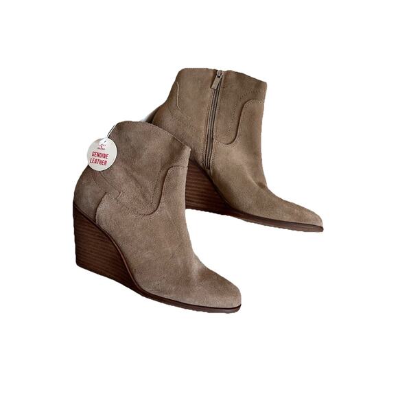 New Lucky Brand Leather Suede Tan Wedge Wooden Heel Boot Bootie | 9 - Picture 1 of 4